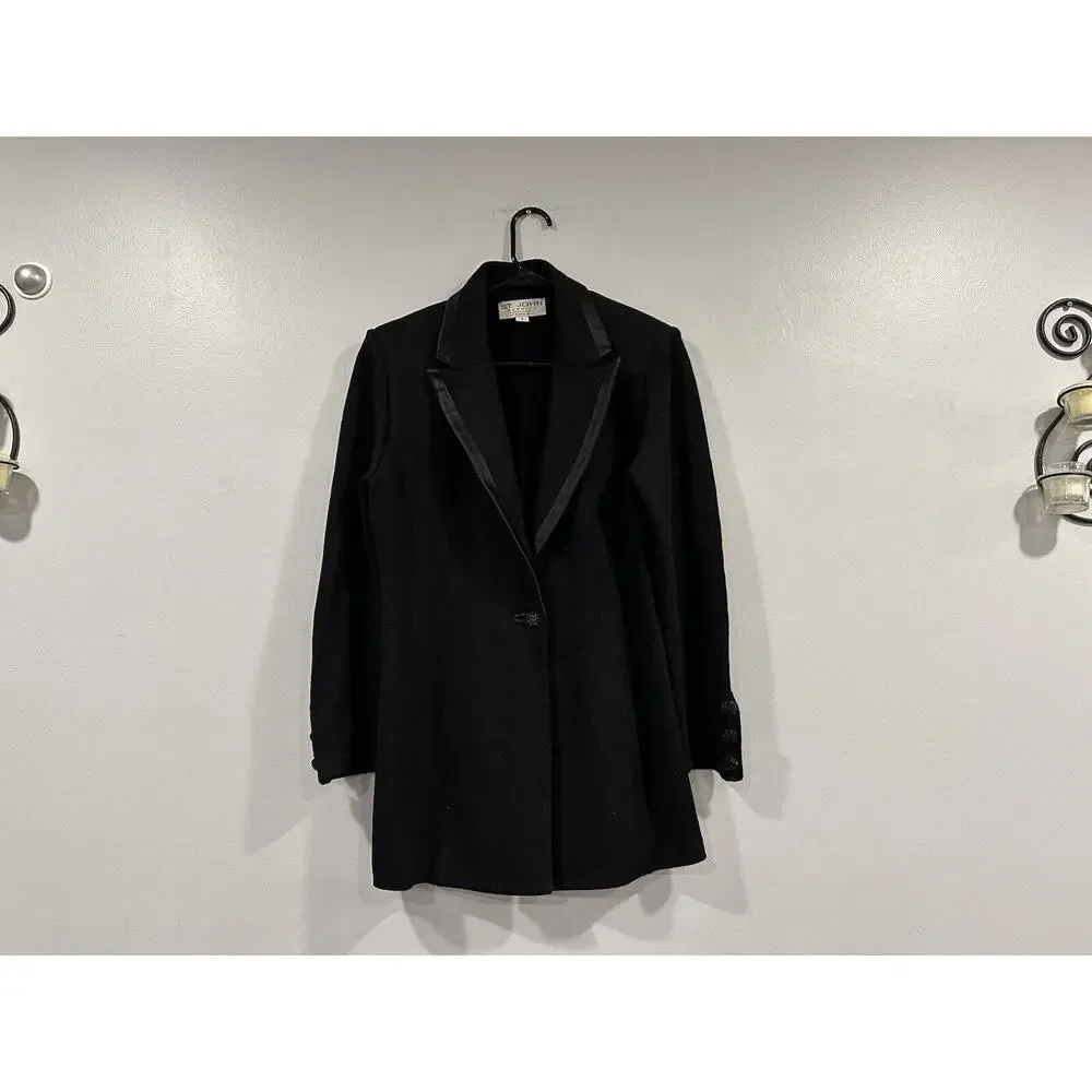 St. John Evening Black Santana Knit Satin Trim Jacket Rhinestone Button Size 6